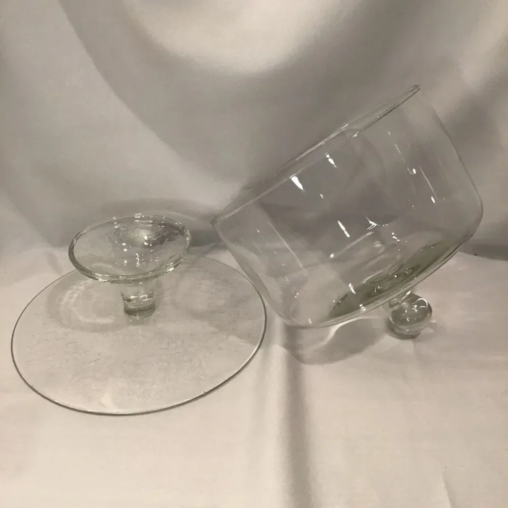 Vintage Heavy Pedestal Glass Etched Cake Stand with Glass Dome
